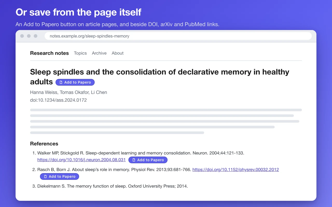 Una página de artículo con un botón «Add to Papero» junto a su título y junto a dos enlaces DOI de su bibliografía