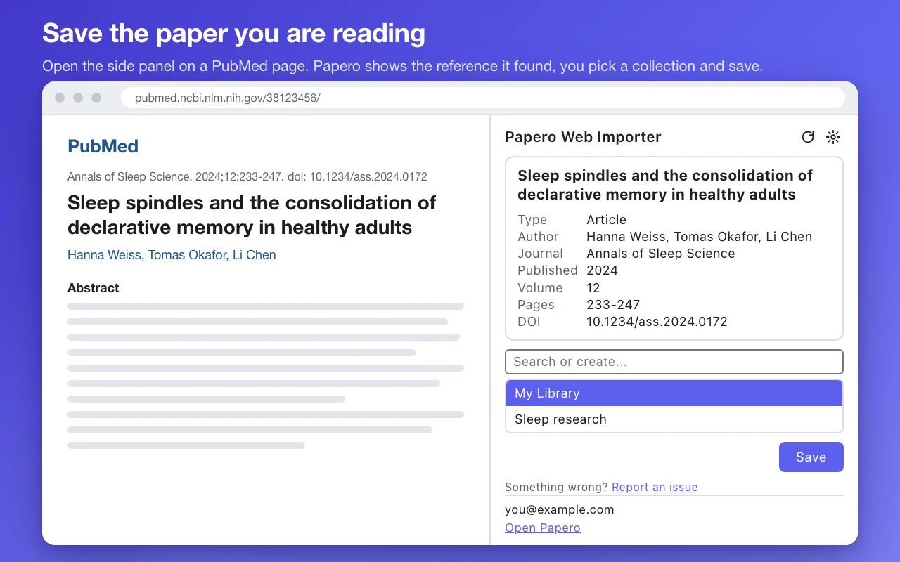 El panel lateral de Papero Web Importer junto a una página de PubMed, con la referencia que encontró, la lista «Save to» y el botón para guardar
